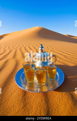 Thé dans le désert, Erg Awbari, désert du Sahara, Fezzan, Libye, Afrique du Nord, Afrique Banque D'Images