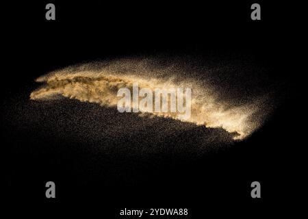 Explosion de sable doré isolé sur fond noir. Nuage de sable résumé. De couleur sable doré splash sur un fond sombre. Sable jaune voler dans l'ONDE T Banque D'Images