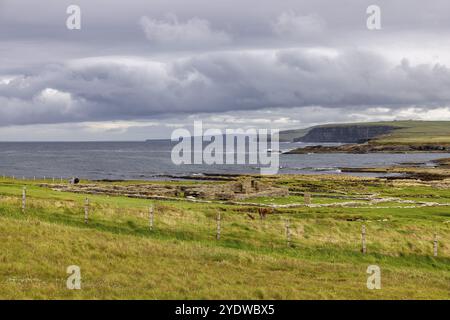 Brough de Birsay, île à marée avec vieux peuplement et phare, Orcades, Écosse, Grande-Bretagne Banque D'Images