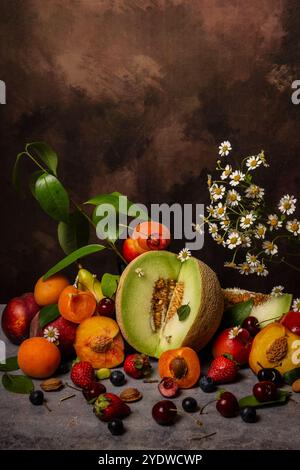 Vue de dessus de nature morte avec des fruits et des fleurs d'été Banque D'Images