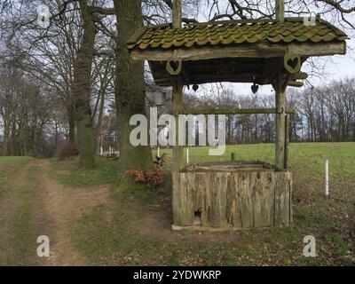 Une fontaine en bois à côté d'un chemin rural dans un paysage automnal, Reken, muensterland, allemagne Banque D'Images