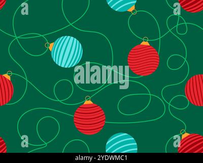 Modèle sans couture du nouvel an avec boules de Noël. Guirlande avec boules colorées d'arbre de Noël accrochées à une ficelle. Design de Noël pour papier peint, couvertures, banne Illustration de Vecteur