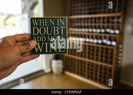 En cas de doute ajouter plus de vin, main tenant citer signer selective focus avis contre l'intérieur salle de dégustation de vins commander bouteilles sur fond d'étagères Banque D'Images