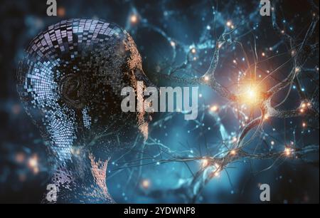 Vue latérale d'une tête humanoïde avec réseau neuronal, représentant la technologie futuriste et l'apprentissage automatique.illustration 3d.neuronal artificiel. Banque D'Images