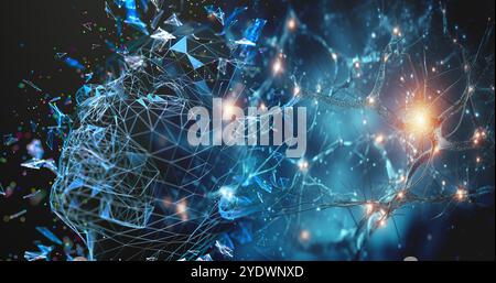 Vue latérale d'une tête humanoïde avec réseau neuronal, représentant la technologie futuriste et l'apprentissage automatique.illustration 3d.neuronal artificiel. Banque D'Images