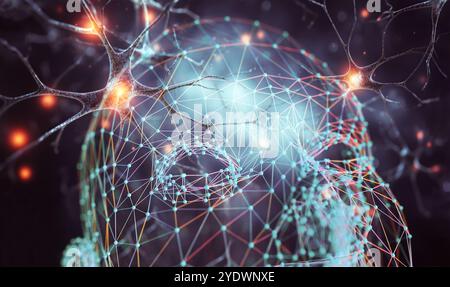 Vue latérale d'une tête humanoïde avec réseau neuronal, représentant la technologie futuriste et l'apprentissage automatique.illustration 3d.neuronal artificiel. Banque D'Images