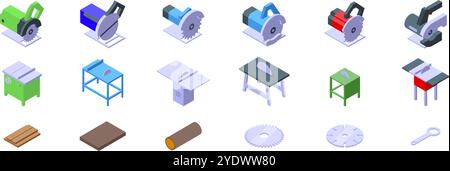 Jeu d'icônes de scie circulaire. Icônes isométriques représentant différents types de scies circulaires, scies de table, lames de scie, planches de bois, et une clé de scie de table, utiles pour les projets de travail du bois Illustration de Vecteur