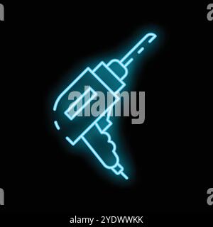 Icône néon bleu vif d'une perceuse sur fond noir, parfait pour représenter des projets de construction ou de bricolage Illustration de Vecteur