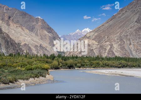 Paysage rural pittoresque dans la vallée de la rivière Shyok avec des sommets de Karakoram en arrière-plan, Ghanche, Gilgit-Baltistan, Pakistan Banque D'Images