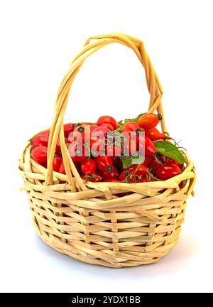 Rosehips dans un panier sur un fond blanc Banque D'Images
