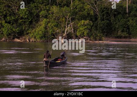 Glissant avec son canoë à travers une rivière calme un homme solitaire avec son piquet guide fait son chemin à travers, alors que la forêt vous attend sur la rive au Suriname. Banque D'Images