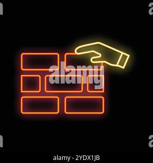 Signe de néon d'une main posant une brique sur un mur, représentant des concepts de construction et de construction Illustration de Vecteur