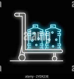 Icône de ligne de néon lumineuse représentant un camion de main transportant de grandes bouteilles d'eau, isolé sur un fond noir Illustration de Vecteur