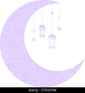 Croissant de lune avec des lanternes suspendues en illustration vectorielle plate symbolisant le Ramadan, les festivités islamiques et la dévotion spirituelle, isolé sur blanc Illustration de Vecteur