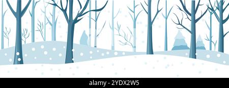 Un paysage hivernal serein avec des arbres et des collines enneigés, illustré dans un style minimaliste sur un fond clair. Illustration vectorielle Illustration de Vecteur