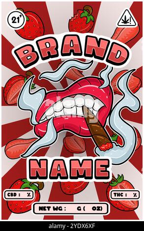 Dessin animé Smoking bouche avec des souches de fraises et de la fumée pour cannabis et tabac Packaging Design. Illustrations vectorielles Illustration de Vecteur