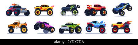 Voitures de monstre de dessin animé. Camions lourds avec des motifs en colère et un design agressif, spectacle de divertissement américain, grandes roues, compétition de sport de rallye extrême Illustration de Vecteur