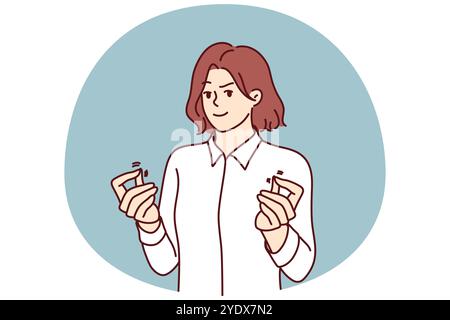Femme sournoise montrant le geste d'argent voulant de l'argent pour le lobbying ou obtenir des informations d'initié. Une jeune fille sournoise à l'expression égoïste salue de recevoir un pot-de-vin pour le concept anti-corruption Illustration de Vecteur
