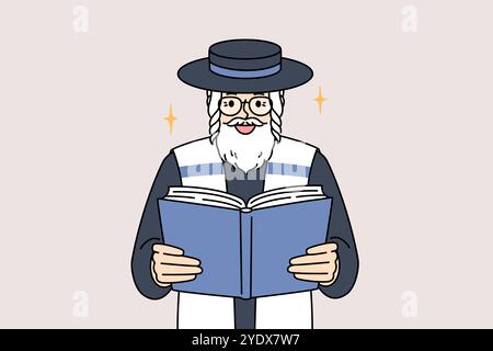 Vieil homme juif lit la torah, étudie l'évangile ou prie pour shabbat visite à la synagogue. juif orthodoxe en chapeau et gilet bleu et blanc en cours de culte lors de la célébration de vacances de hanukkah Illustration de Vecteur