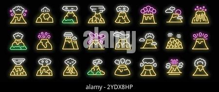 Ensemble d'icônes colorées d'éruption de volcan néon brillantes sur fond noir, représentant différentes étapes et types d'activité volcanique Illustration de Vecteur