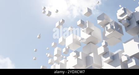 Cubes blancs flottants dans un ciel bleu Banque D'Images
