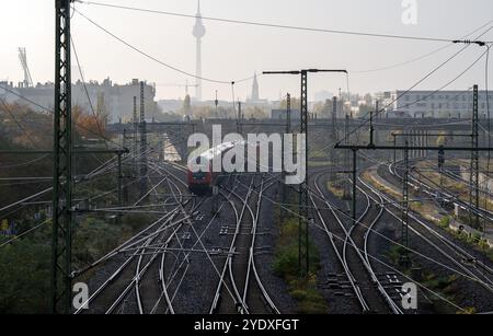 Berlin, Allemagne. 28 octobre 2024. Un train régional se dirige vers Stralsund près de la station de S-Bahn Bornholmer Straße. La tour de télévision d'Alexanderplatz peut être vue à l'horizon par temps légèrement brumeux. Crédit : Soeren Stache/dpa/ZB/dpa/Alamy Live News Banque D'Images