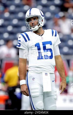 Houston, Texas, États-Unis. 27 octobre 2024. Joe Flacco (15 ans), quarterback des Colts d'Indianapolis, avant le match entre les Texans de Houston et les Colts d'Indianapolis au NRG Stadium de Houston, Texas, le 27 octobre 2024. (Crédit image : © Erik Williams/ZUMA Press Wire) USAGE ÉDITORIAL SEULEMENT! Non destiné à UN USAGE commercial ! Banque D'Images