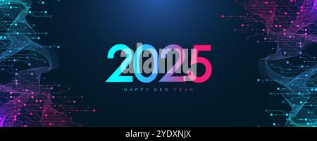 Modèle d'affiche abstraite de technologie numérique 2025 avec texture de carte de circuit imprimé. Bannière ou en-tête numérique Tech 2025 nouvel an Illustration de Vecteur