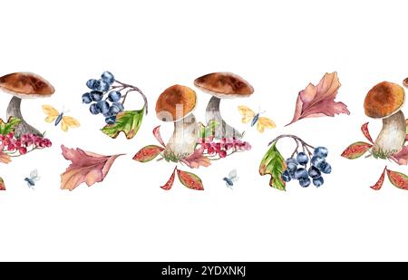 Bordure sans couture des plantes d'automne. Champignons et feuilles, papillon à l'aquarelle isolé. Rowan rouge, baies viburnum, chokeberry noir peint. Chute Banque D'Images