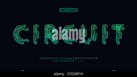 Alphabet de circuit, lettres schématiques complexes, police futuriste pour logo de cybersécurité, titre de réseau virtuel, HUD, typographie technologique innovante Illustration de Vecteur