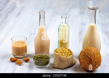 Amande, noisette, soja, avoine, lait de coco. Laits végétaux - alternative au lait de vache 016357 018 Banque D'Images