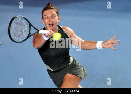 Hong Kong, Chine. 28 octobre 2024. Simona Halep de Roumanie fait son retour lors de la ronde de simple féminine de 32 contre Yuan Yue de Chine au WTA250 Hong Kong Tennis Open à Hong Kong, Chine du Sud, 28 octobre 2024. Crédit : LO Ping FAI/Xinhua/Alamy Live News Banque D'Images