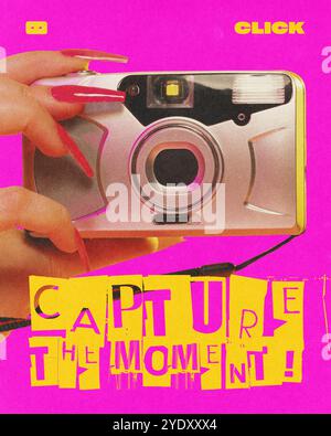Affiche. Collage d'art contemporain. Cliquez sur capturer l'instant. Main avec de longs ongles rose vif maintient l'appareil photo vintage pointer-déclencher contre éclatant Banque D'Images