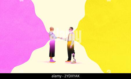Homme avec jambe prothétique et femme chauve serrant la main sur fond de gradient. Partenariat, inclusivité et égalité. Création conceptuelle. Banque D'Images