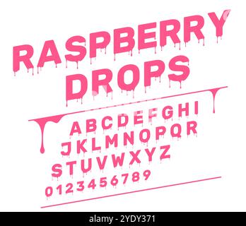 Police visqueuse. Alphabet de fusion de liquide. Lettres et chiffres déformés en diagonale avec gouttes d'eau. Confiture ou sirop consistance. Texte majuscule plat sym Illustration de Vecteur