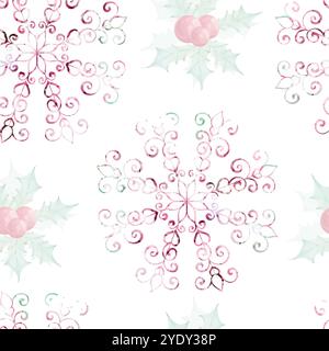 Motif aquarelle de Noël sans couture - flocon de neige ajouré. Bouquet avec feuilles vertes houx et baies rouges. Composition hivernale, décoration de style rétro Illustration de Vecteur