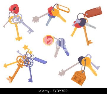 Bouquets de clés de porte. Porte-clés de dessin animé avec porte-clés. Accessoires de déverrouillage d'entrée de biens immobiliers. Designs vintage et modernes. Ouvreurs en acier Illustration de Vecteur