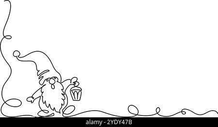 Décoration de Noël. Mignon dessin animé nain nain avec lanterne. Une ligne continue Illustration de Vecteur