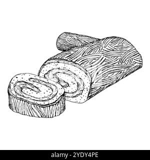 Gâteau festif à la bûche, buche de Noel, repas de Noël avec tranches de pâte roulée. Un vecteur d'encre noir et blanc dessiné à la main détaillé Illustration de Vecteur