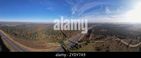 Large panorama avec la faune traversant un pont de couloir vert pour les animaux à migrer entre les zones de conservation sur l'autoroute inter-états hollandaise. Banque D'Images