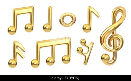 Notes de musique 3D. Symbole de chanson dorée. Tonalité clé de mélodie dorée et personnel de questions. Signe de jeu de violon. Brillance métallique brillante. Clef à aigus. Karaoké. Eléments de luxe musicaux. Icônes audio de rendu vectoriel définies Illustration de Vecteur