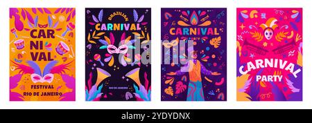 Affiches de carnaval. Brésil Music party, danse latine Foire brésilienne d'été, flyer avec les gens et la texture. Invitation au festival, hommes et femmes heureux. Illustration isolée de style plat de dessin animé vectoriel Illustration de Vecteur