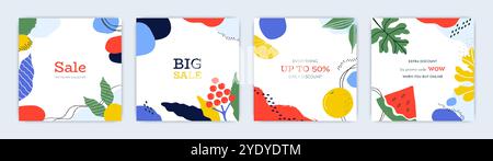 Bannière de vente. Motif carte postale et affiche carrée. Conception de publication sur les médias sociaux. Cadre avec espace de copie pour le texte. Feuilles et fruits tropicaux. Le style plat de dessin animé vectoriel isolé des illustrations créatives modernes Illustration de Vecteur