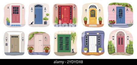 Porte de maison. Entrée fleurie, maison ou appartement avec tapis de bienvenue de porche mural plat et lampe de dessin animé. Fenêtre décorée de plantes avec boîte aux lettres et extérieur en brique. Elément architectural isolé. Ensemble de vecteurs Illustration de Vecteur