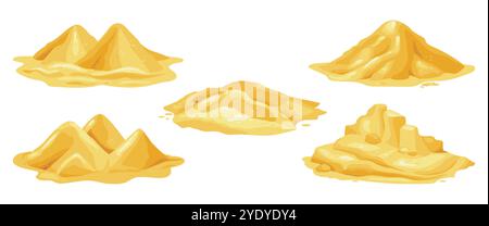 Pile de sable. Île de dune de plage. Tas de sable. Désert de gibier. Poudre d'or. Sol sec. Matériau de construction friable. Montagne sauvage. Colline naturelle. Construction industrielle. Ensemble de vecteurs d'éléments sandbox Illustration de Vecteur