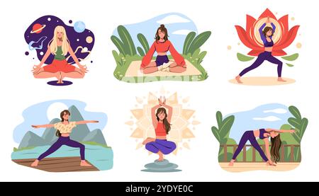 Yoga féminin. Nature spirituelle zen pose, personnes heureuses caractère repos et exercice. Équilibre tranquille. Femme paisible en asana, méditation et détente. Concept d'illustration isolée plate de dessin animé vectoriel Illustration de Vecteur