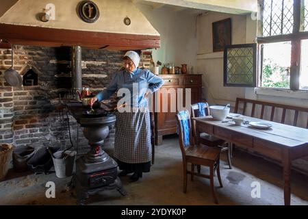 Vieille femme cuisinant sur un poêle à charbon en fonte flamande antique / tabouret Leuvense dans une maison du 19ème siècle, musée en plein air Bokrijk, Limbourg, Flandre, Belgique Banque D'Images