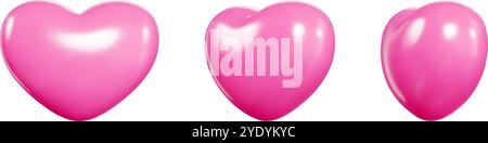 Les coeurs de ballon 3D vecteur rose flottent dans l'espace. Les symboles d'amour affichent une surface brillante avec des reflets lumineux. Illustration de Vecteur