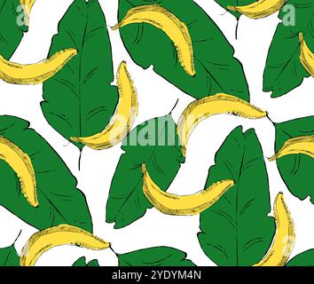Motif élégant sans couture avec des bananes jaunes fraîches sur fond de feuilles vertes dans un style graphique. Modèle vectoriel de bananes pour tissu, textile, wrap, tshir Illustration de Vecteur