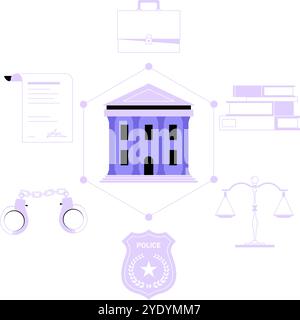 Palais de justice entouré d'icônes juridiques symbolisant l'application de la loi et le système de justice en illustration vectorielle plate isolé sur fond blanc Illustration de Vecteur